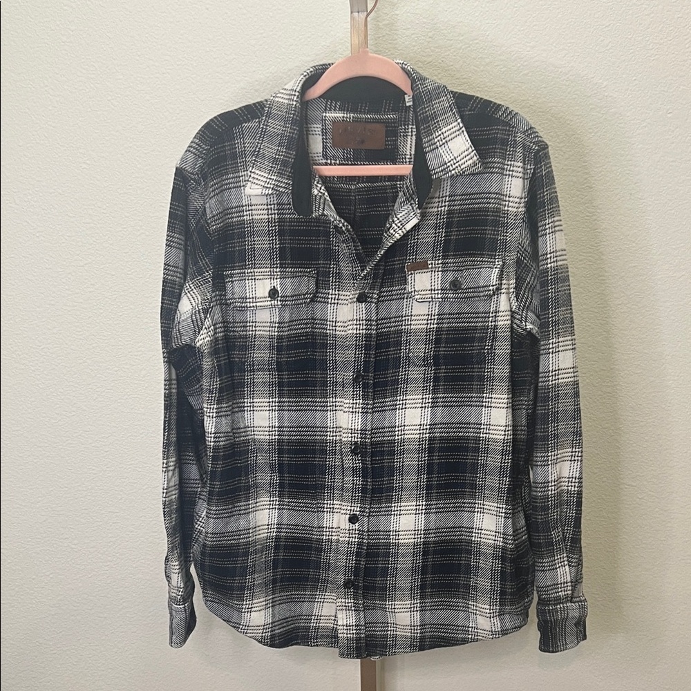 Orvis flannel shirt jacket black white plaid medium